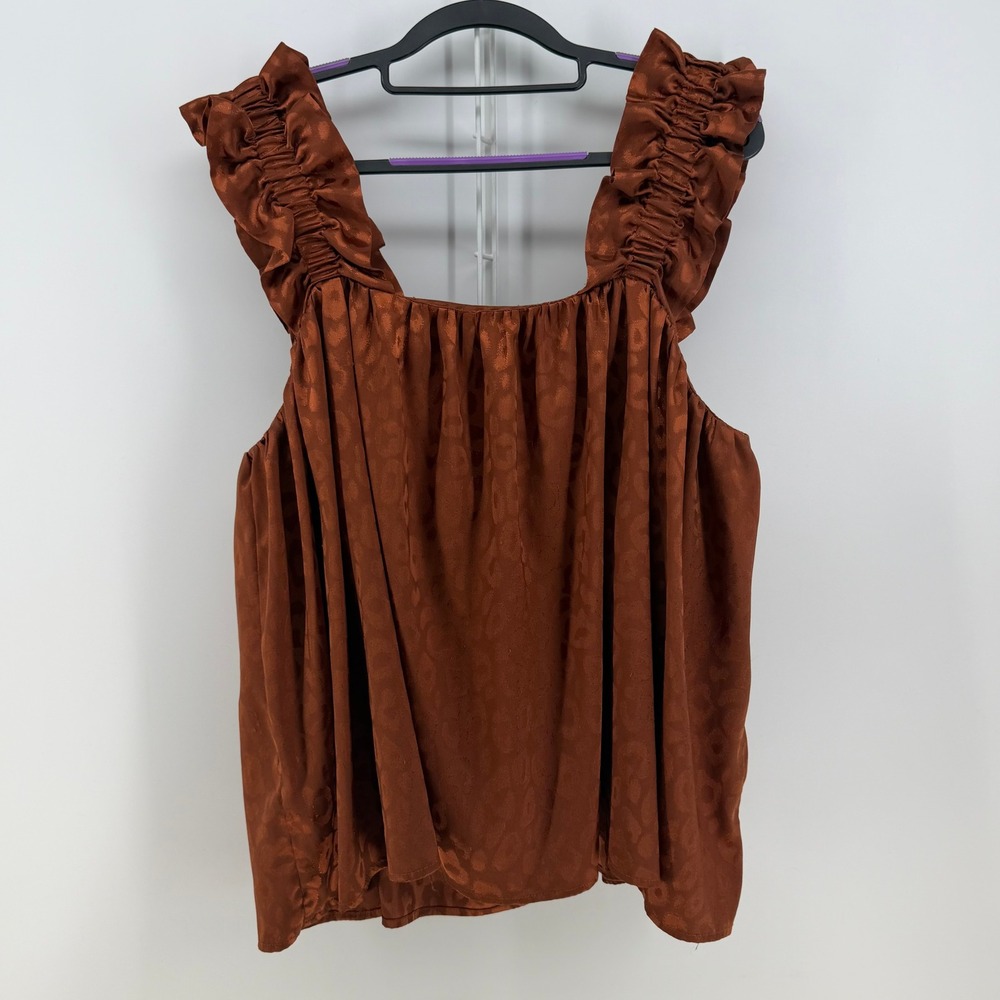 Entro Tank Top Women Large Rust Brown Ruffle Strap Leopard Jacquard Boho Flowy